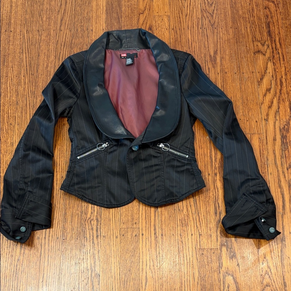 Vintage Diesel Women's Crop Moto Jacket Black Leather Pinstripe Small Y2K Biker